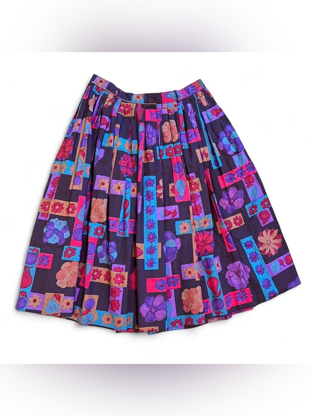 TRUE VINTAGE • 1950s PLEATED RETRO NOVELTY COTTON FLORAL FRUIT SKIRT XS 24 0 50s
